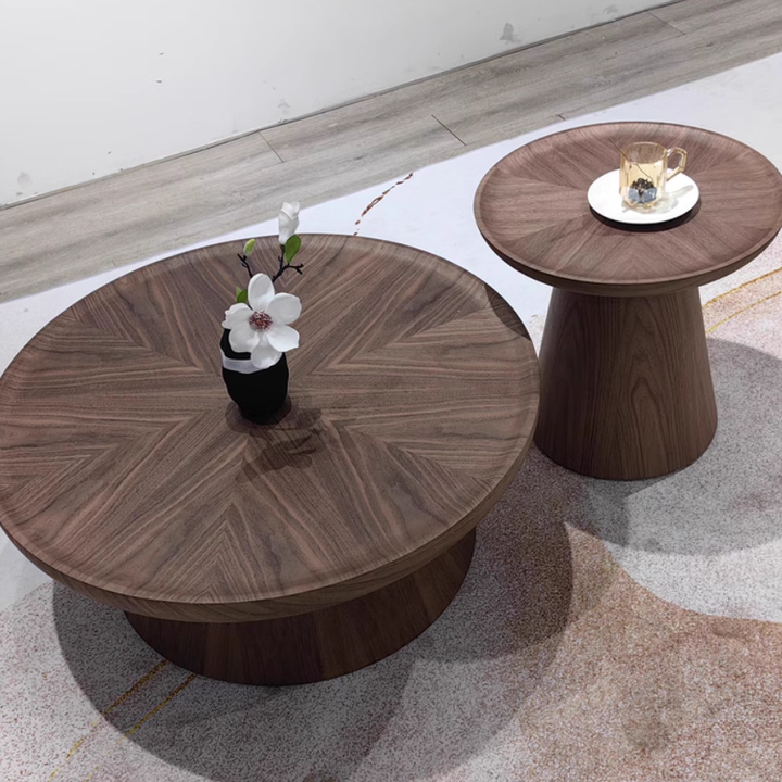 Table basse ronde conique à un niveau en placage de noyer vintage traditionnel pour salon 