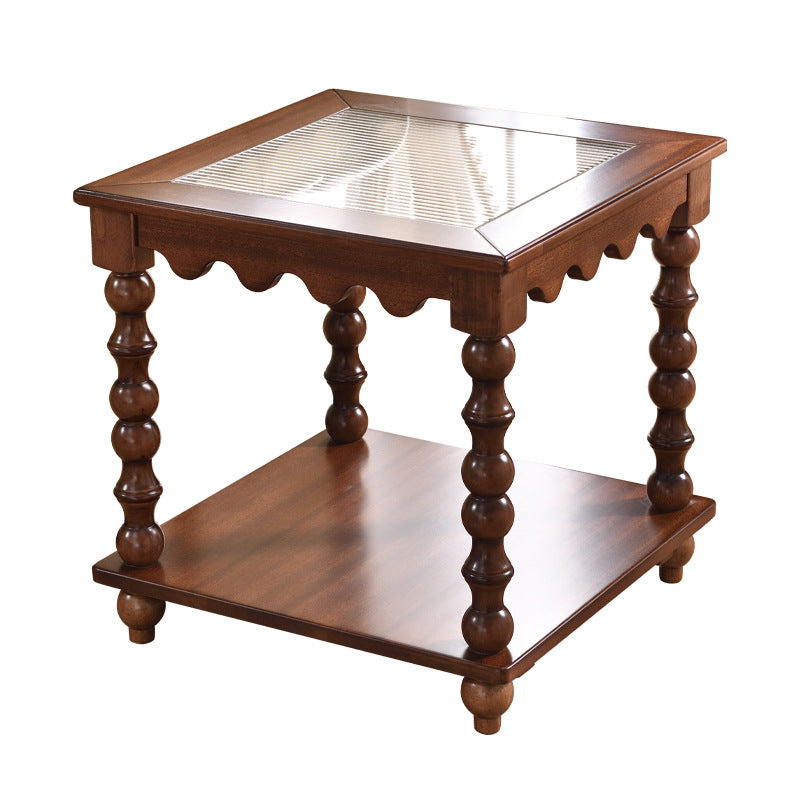 Traditional Chinese Glass Rubberwood Square Roman Column Coffee Table 2-Tier For Living Room