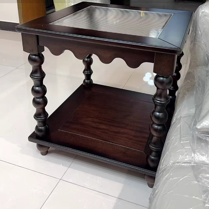 Traditioneller chinesischer Glastisch aus Gummibaumholz mit quadratischer römischer Säule, 2-stufig, für Wohnzimmer 