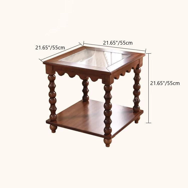 Traditional Chinese Glass Rubberwood Square Roman Column Coffee Table 2-Tier For Living Room