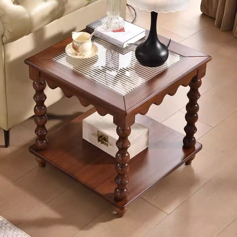 Traditional Chinese Glass Rubberwood Square Roman Column Coffee Table 2-Tier For Living Room