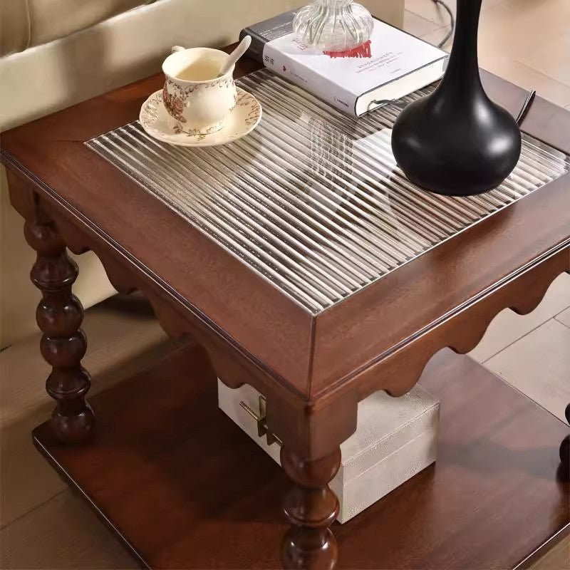 Traditional Chinese Glass Rubberwood Square Roman Column Coffee Table 2-Tier For Living Room