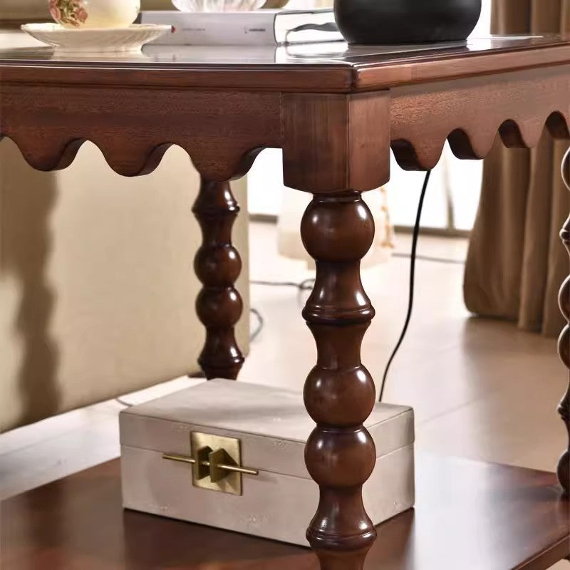 Traditional Chinese Glass Rubberwood Square Roman Column Coffee Table 2-Tier For Living Room