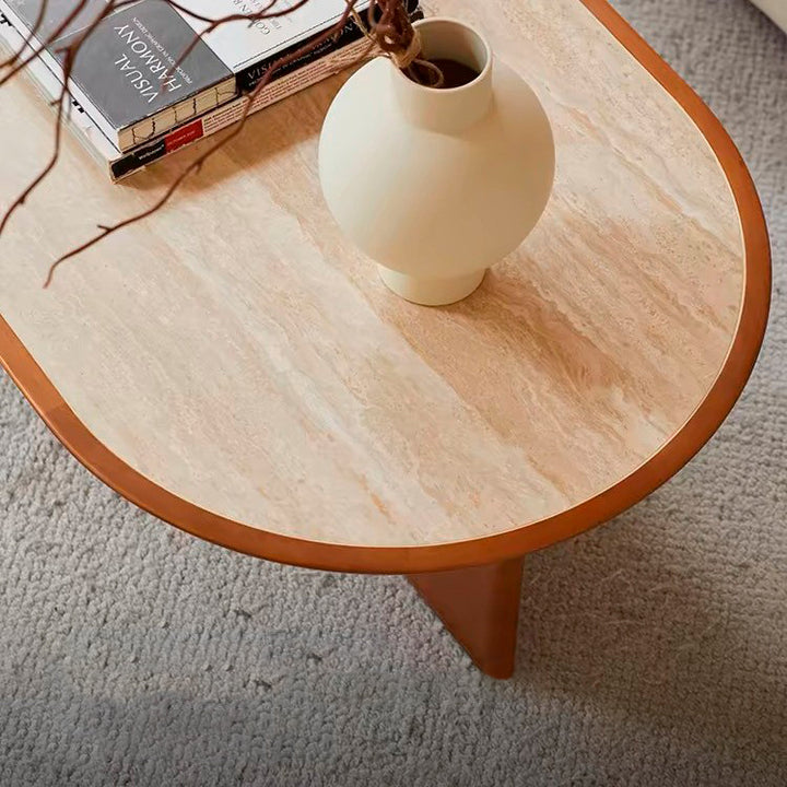 Traditional Chinese Faux Travertine Pine Oval Openwork Coffee Table 1-Tier For Living Room