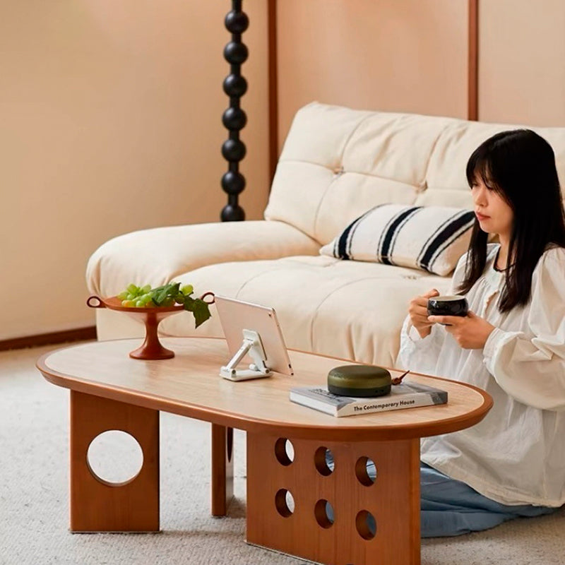 Traditional Chinese Faux Travertine Pine Oval Openwork Coffee Table 1-Tier For Living Room