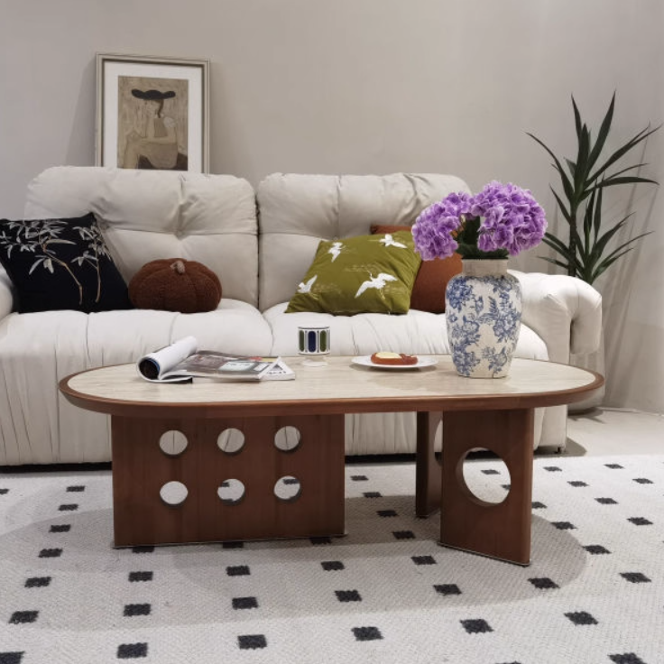 Traditional Chinese Faux Travertine Pine Oval Openwork Coffee Table 1-Tier For Living Room