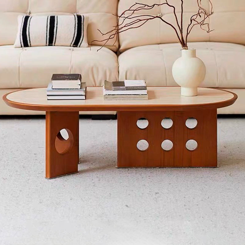 Traditional Chinese Faux Travertine Pine Oval Openwork Coffee Table 1-Tier For Living Room