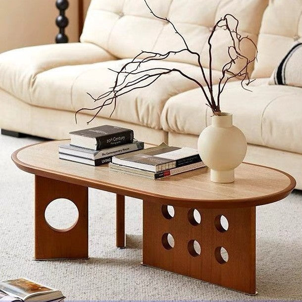 Traditional Chinese Faux Travertine Pine Oval Openwork Coffee Table 1-Tier For Living Room