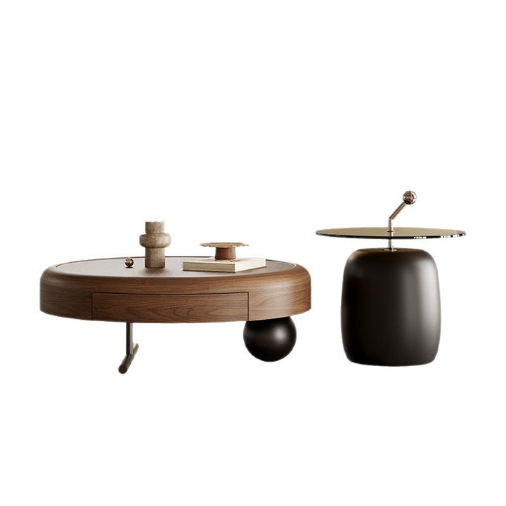 Traditioneller französischer Couchtisch aus Walnussfurnier mit gehärtetem Glas, Kohlenstoffstahl und Edelstahl, 1-stufig, für das Wohnzimmer 