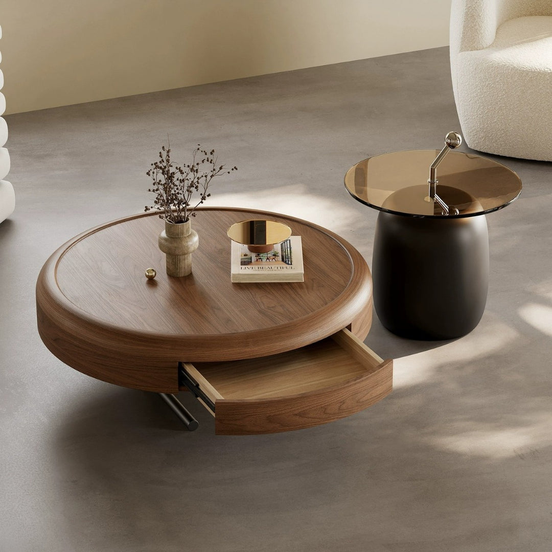 Traditioneller französischer Couchtisch aus Walnussfurnier mit gehärtetem Glas, Kohlenstoffstahl und Edelstahl, 1-stufig, für das Wohnzimmer 