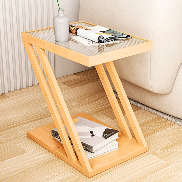 Traditional Japanese Glass Nan Bamboo Square Side Table 2-Tier For Living Room
