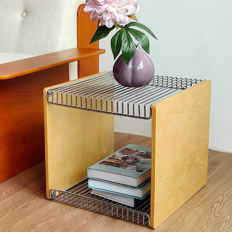 Zeitgenössischer skandinavischer Massivholz-Sperrholz-Edelstahl-Quadrathohl-Endtisch 2-stufig für das Wohnzimmer 