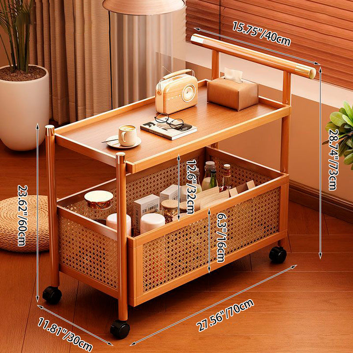 Traditional Chinese Bamboo Woven Synthetic Rattan Rectangular Mobile Side Table 2/3-Tier For Living Room