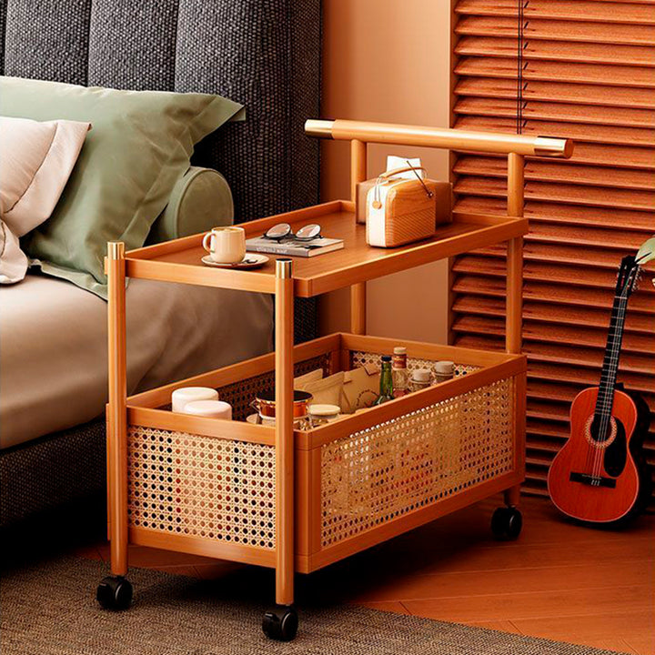 Traditional Chinese Bamboo Woven Synthetic Rattan Rectangular Mobile Side Table 2/3-Tier For Living Room