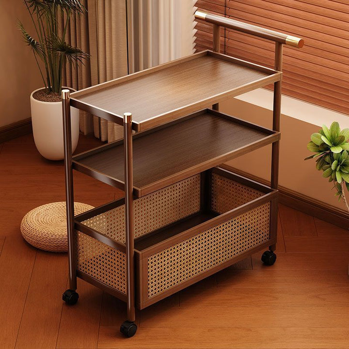 Traditional Chinese Bamboo Woven Synthetic Rattan Rectangular Mobile Side Table 2/3-Tier For Living Room