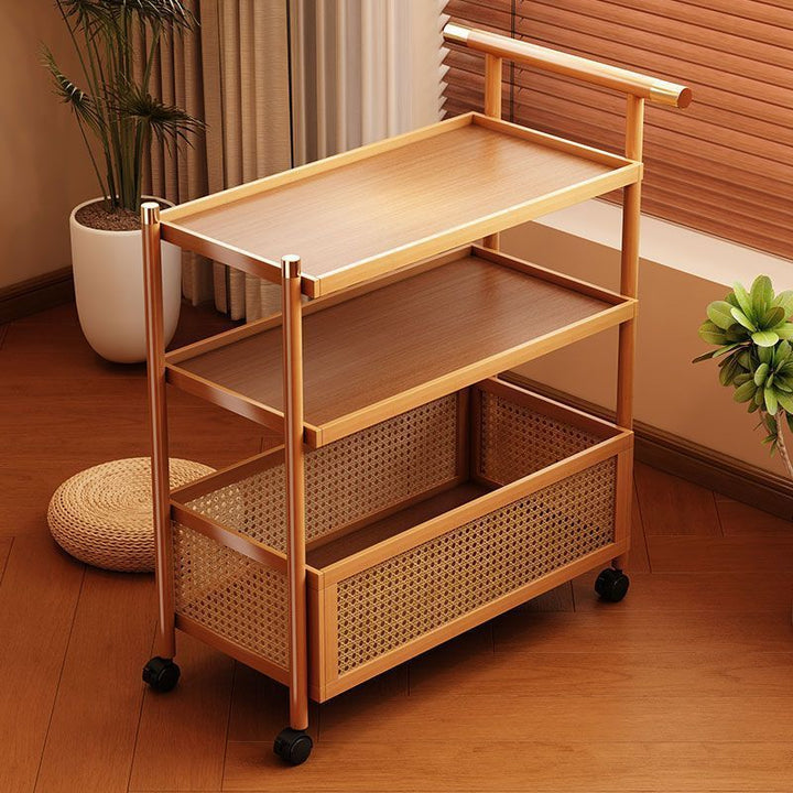 Traditional Chinese Bamboo Woven Synthetic Rattan Rectangular Mobile Side Table 2/3-Tier For Living Room