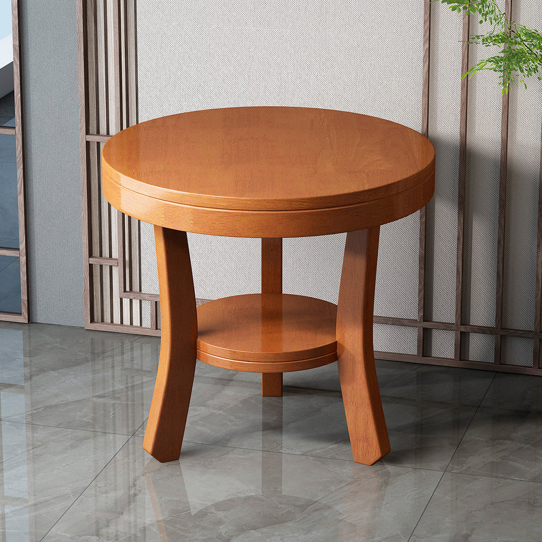 Traditional Vintage Rubberwood Round Curved Side Table 2-Tier For Living Room