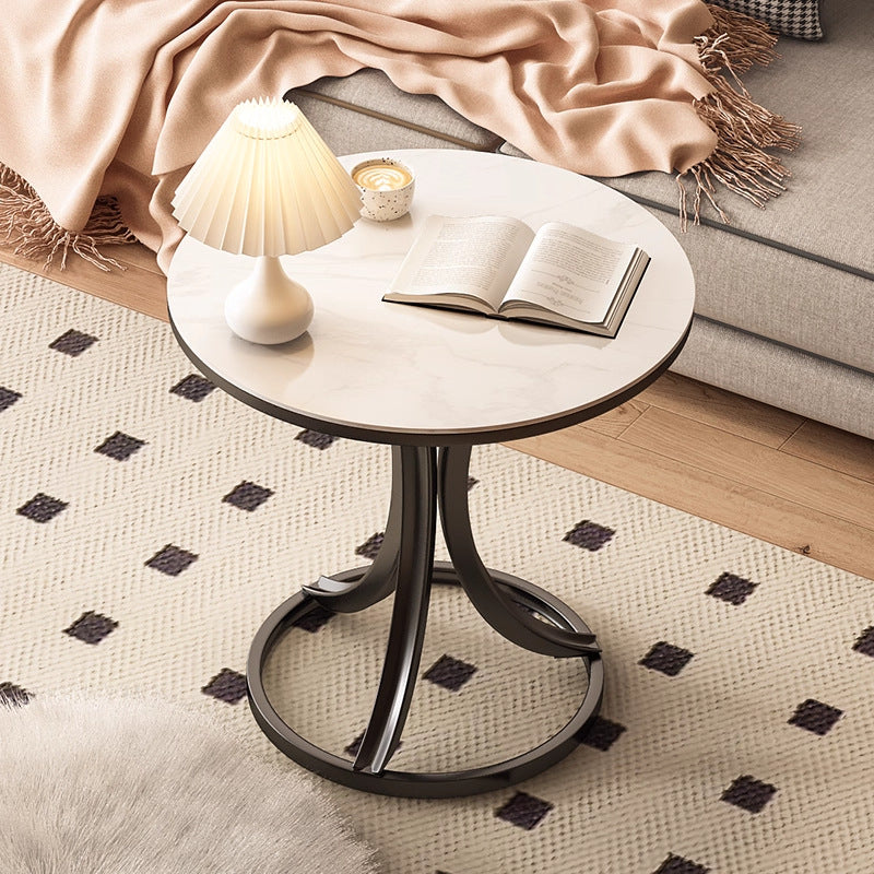 Contemporary Scandinavian Sintered Stone Metal Curved Round Side Table 1-Tier For Living Room