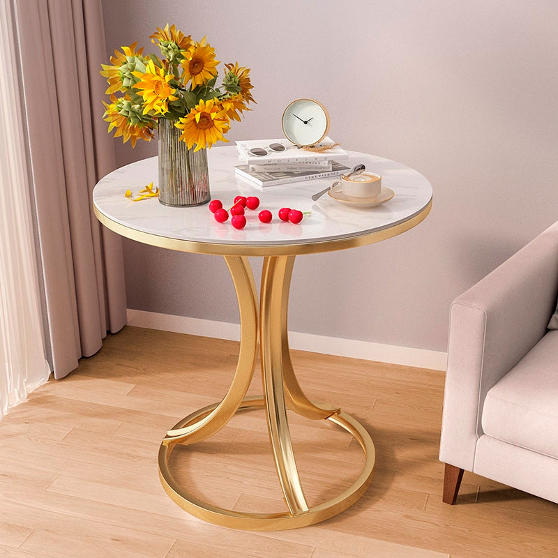 Contemporary Scandinavian Sintered Stone Metal Curved Round Side Table 1-Tier For Living Room