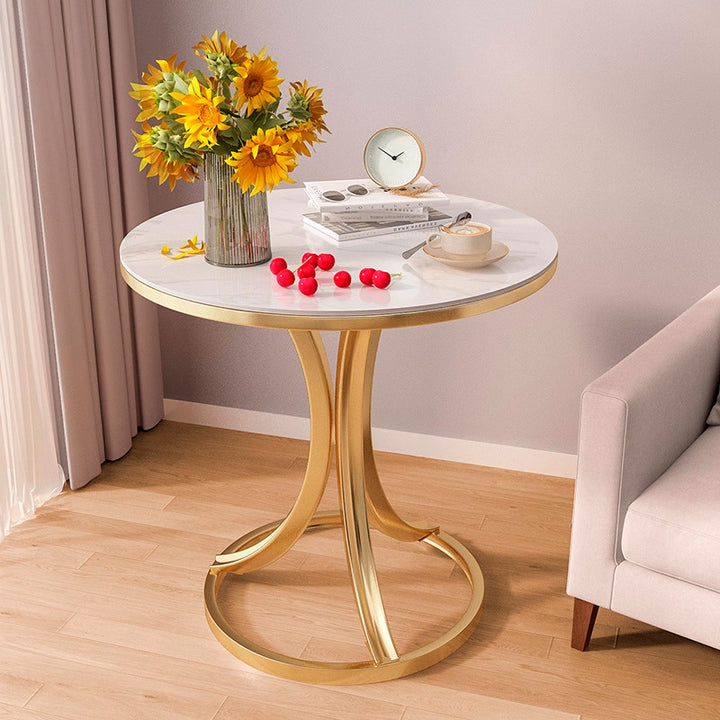 Contemporary Scandinavian Sintered Stone Metal Curved Round Side Table 1-Tier For Living Room