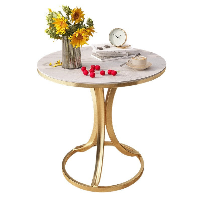 Contemporary Scandinavian Sintered Stone Metal Curved Round Side Table 1-Tier For Living Room