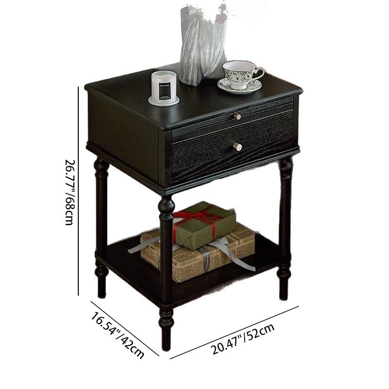 Traditional French Solid Wood Square Cylindrical Nightstand 2-Tier For Bedroom