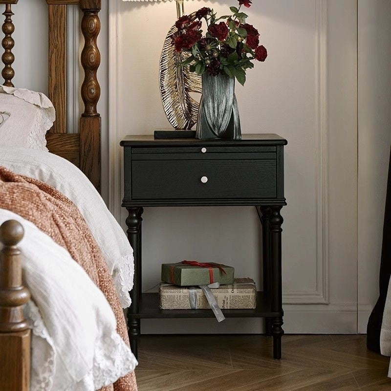 Traditional French Solid Wood Square Cylindrical Nightstand 2-Tier For Bedroom