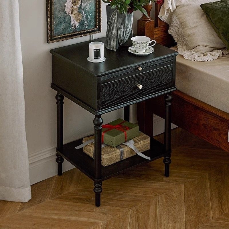 Traditional French Solid Wood Square Cylindrical Nightstand 2-Tier For Bedroom