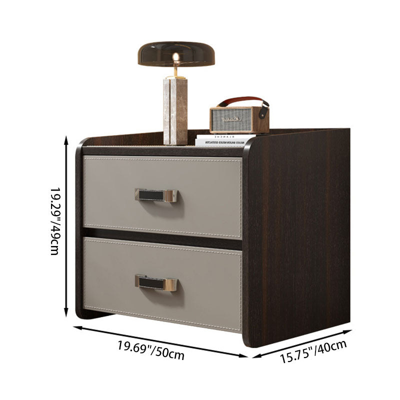 Table de chevet carrée à 2 tiroirs en bois massif et cuir de selle de luxe moderne pour chambre à coucher 
