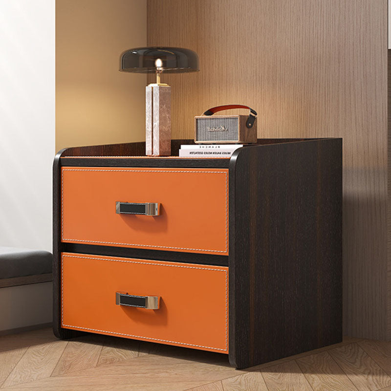 Table de chevet carrée à 2 tiroirs en bois massif et cuir de selle de luxe moderne pour chambre à coucher 