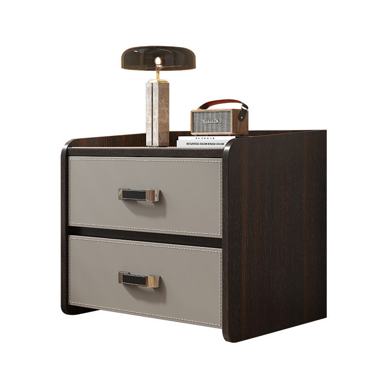 Table de chevet carrée à 2 tiroirs en bois massif et cuir de selle de luxe moderne pour chambre à coucher 