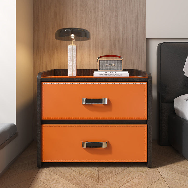 Table de chevet carrée à 2 tiroirs en bois massif et cuir de selle de luxe moderne pour chambre à coucher 
