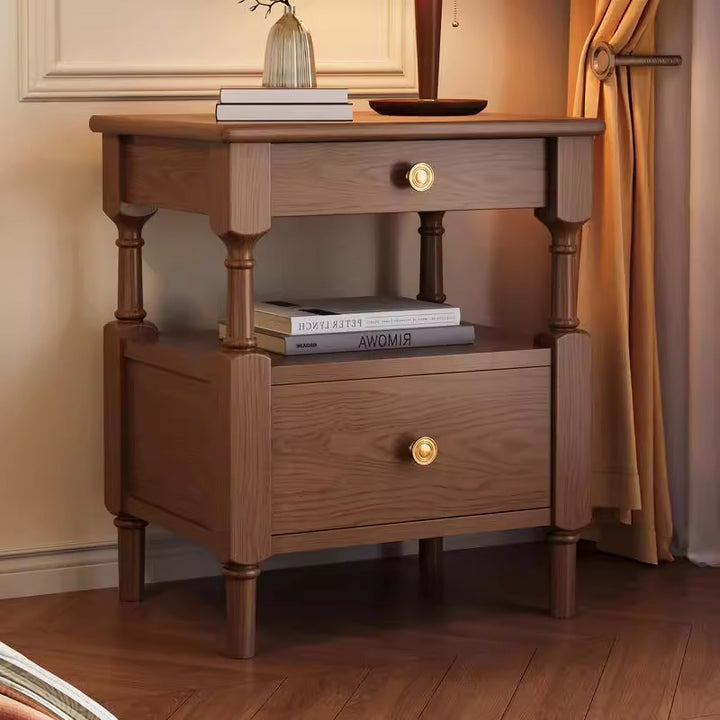 Mesita de noche cuadrada romana de madera maciza francesa tradicional con tablero de madera de pino de varias capas y 2 cajones para dormitorio 