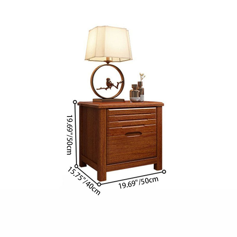 Traditional Chinese Walnut Wood Metal Rounded Square Nightstand 2-Drawer For Bedroom
