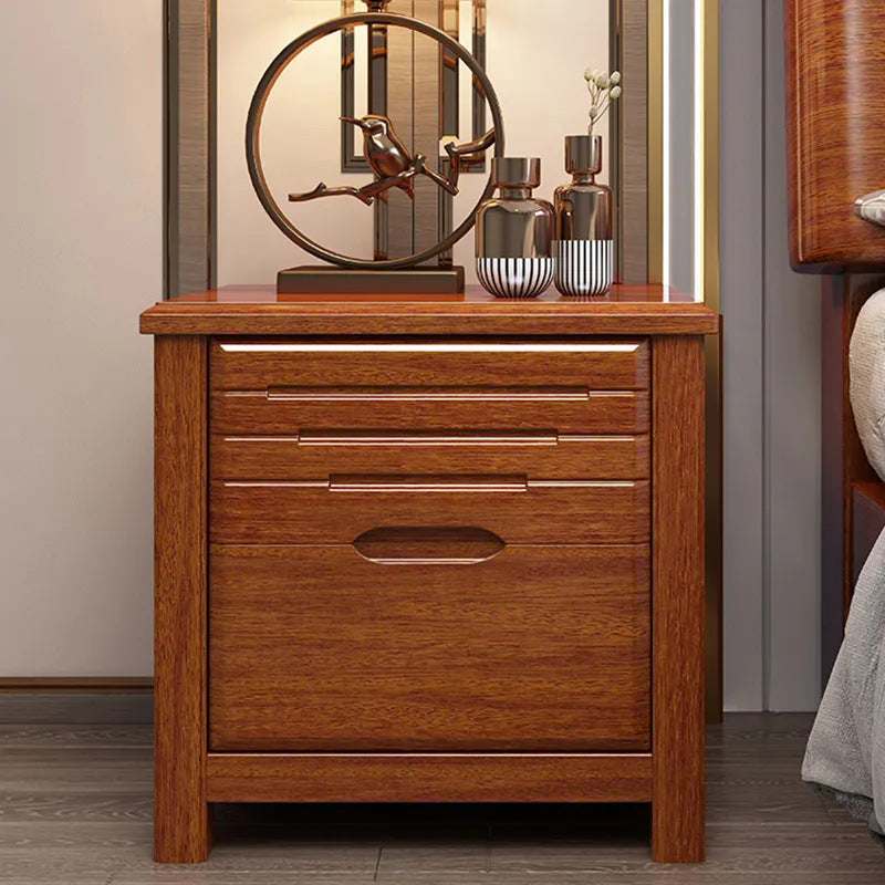 Traditional Chinese Walnut Wood Metal Rounded Square Nightstand 2-Drawer For Bedroom