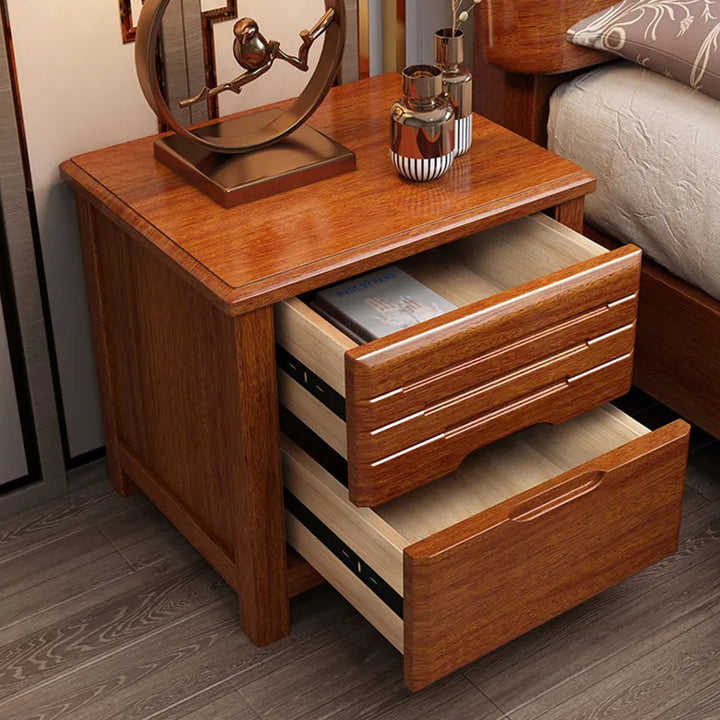 Traditional Chinese Walnut Wood Metal Rounded Square Nightstand 2-Drawer For Bedroom