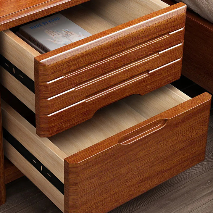 Traditional Chinese Walnut Wood Metal Rounded Square Nightstand 2-Drawer For Bedroom