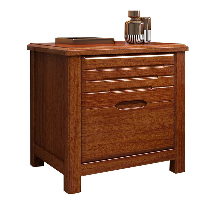 Traditional Chinese Walnut Wood Metal Rounded Square Nightstand 2-Drawer For Bedroom