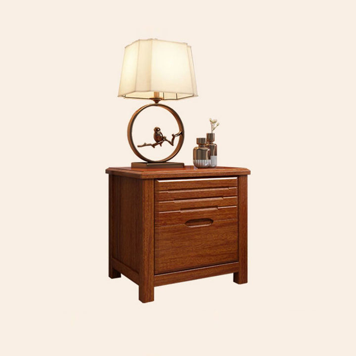 Traditional Chinese Walnut Wood Metal Rounded Square Nightstand 2-Drawer For Bedroom
