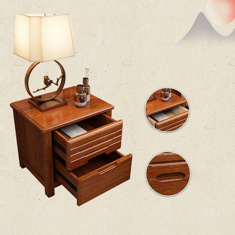 Traditional Chinese Walnut Wood Metal Rounded Square Nightstand 2-Drawer For Bedroom
