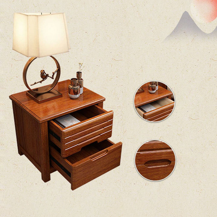 Traditional Chinese Walnut Wood Metal Rounded Square Nightstand 2-Drawer For Bedroom