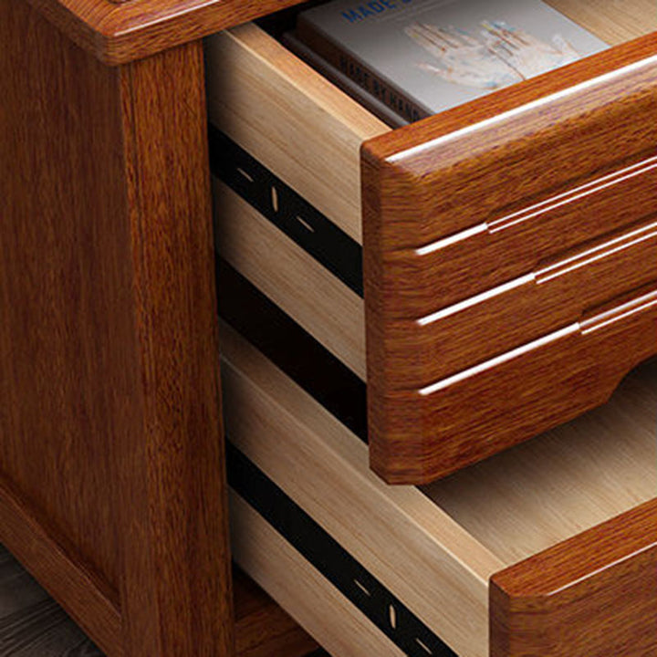 Traditional Chinese Walnut Wood Metal Rounded Square Nightstand 2-Drawer For Bedroom