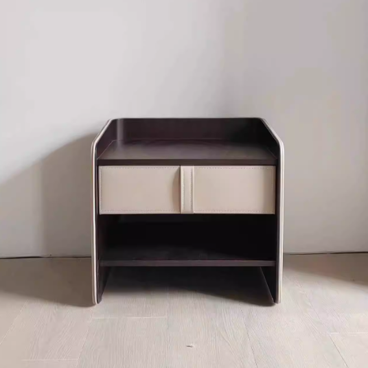 Zeitgenössischer kreativer Nachttisch aus Kunstleder mit mitteldichter Faserplatte, abgerundeter quadratischer gebogener 1-Schublade für das Schlafzimmer 