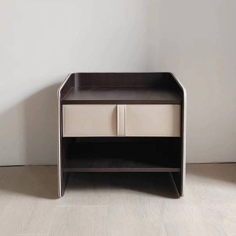Table de chevet contemporaine créative en cuir synthétique, panneau de fibres à densité moyenne, forme carrée arrondie et courbée, 1 tiroir, pour chambre à coucher 