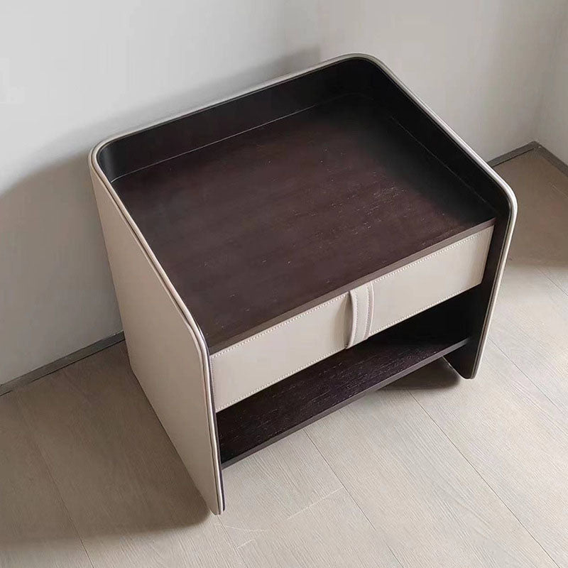 Table de chevet contemporaine créative en cuir synthétique, panneau de fibres à densité moyenne, forme carrée arrondie et courbée, 1 tiroir, pour chambre à coucher 