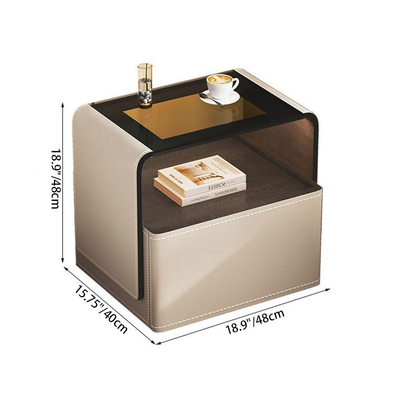 Zeitgenössischer kreativer Nachttisch aus Massivholz mit Mehrschichtplatte, Sattelleder, gehärtetem Glas, abgerundeter quadratischer Form, 1 Schublade für das Schlafzimmer 