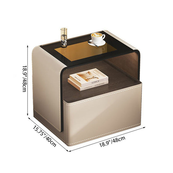 Zeitgenössischer kreativer Nachttisch aus Massivholz mit Mehrschichtplatte, Sattelleder, gehärtetem Glas, abgerundeter quadratischer Form, 1 Schublade für das Schlafzimmer 