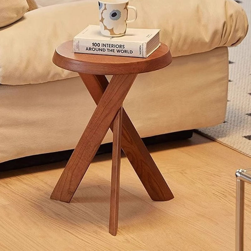 Traditional Vintage Rubberwood Round Cross Side Table 1 Tier For Living Room