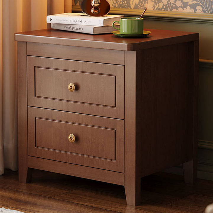 Table de chevet carrée traditionnelle vintage en bois massif d’hévéa et panneau multicouche avec 2 tiroirs pour chambre à coucher 