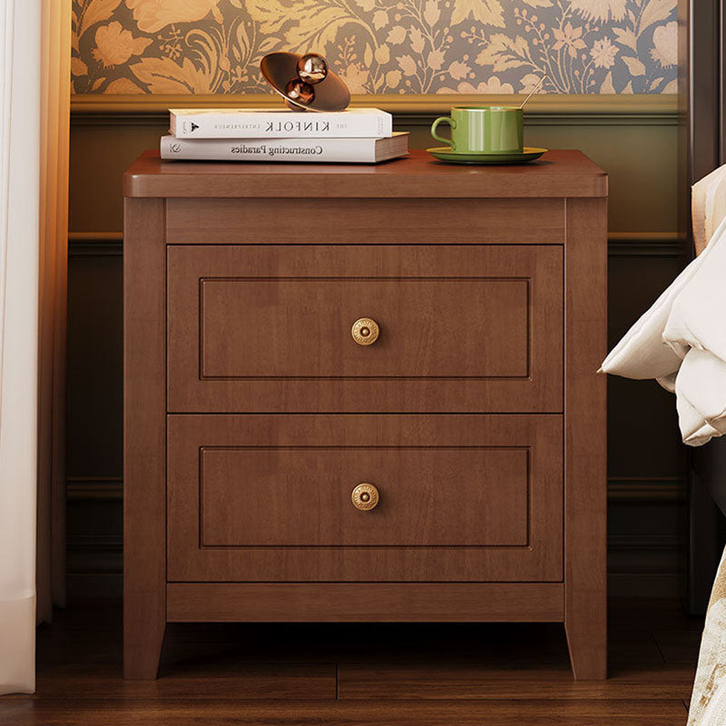 Table de chevet carrée traditionnelle vintage en bois massif d’hévéa et panneau multicouche avec 2 tiroirs pour chambre à coucher 
